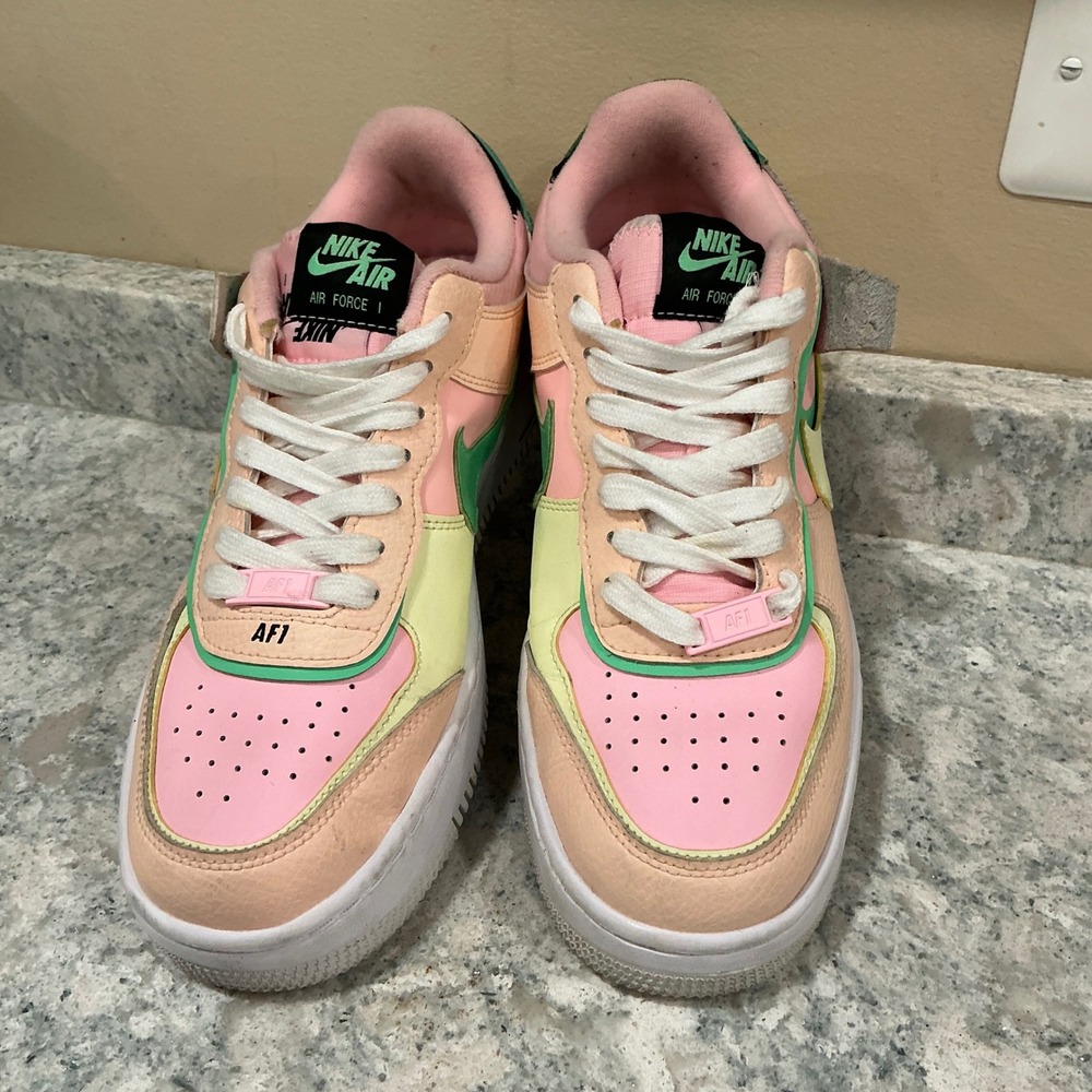 Nike Sneakers Air Force 1 Shadow 8.5 Pink Peach Yellow Green CU8591-601 Layered